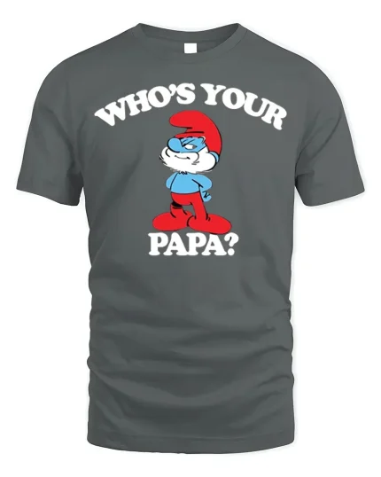 Papa Smurf Tee - Who’s Your Papa T-Shirt - gray t-shirt on white background