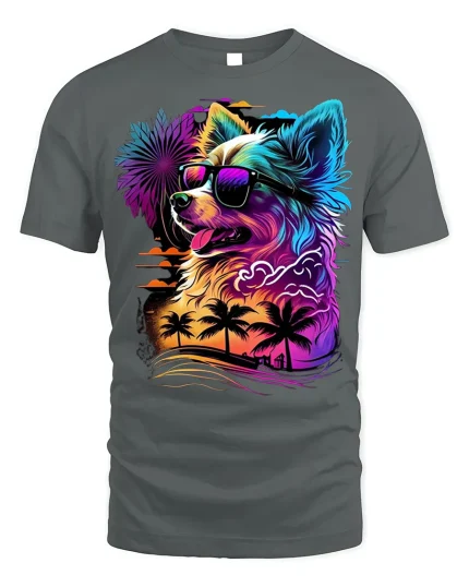 Tropical Dog Tee - Neon Sunset T-Shirt - gray t-shirt on white background