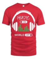 Music On World Off Tee - Headphone T-Shirt - red t-shirt on white background