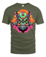 Cyber Demon Tee - Futuristic Skull T-Shirt - military green t-shirt on white background