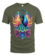 Rainbow Peacock Tee - Vibrant Bird T-Shirt - military green t-shirt on white background