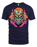 Cyber Demon Tee - Futuristic Skull T-Shirt - navy t-shirt on white background