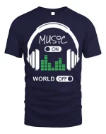 Music On World Off Tee - Headphone T-Shirt - navy t-shirt on white background