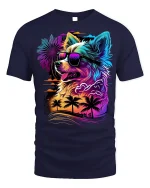 Tropical Dog Tee - Neon Sunset T-Shirt - navy t-shirt on white background
