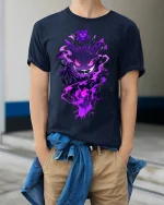 Gengar Ghost Tee - Spooky Pokémon T-Shirt - model wearing navy shirt, hands in pockets