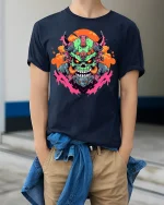 Cyber Demon Tee - Futuristic Skull T-Shirt - model wearing navy shirt, hands in pockets