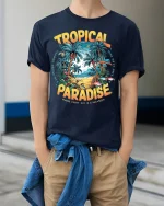 Tropical Paradise Tee - Beach Vacation T-Shirt - model wearing navy shirt, hands in pockets