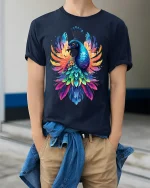 Rainbow Peacock Tee - Vibrant Bird T-Shirt - model wearing navy shirt, hands in pockets
