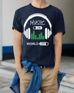 Music On World Off Tee - Headphone T-Shirt - model wearing navy shirt, hands in pockets