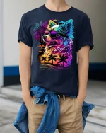 Tropical Dog Tee - Neon Sunset T-Shirt - model wearing navy shirt, hands in pockets