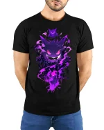 Gengar Ghost Tee - Spooky Pokémon T-Shirt - model wearing black shirt, hands behind back