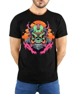 Cyber Demon Tee - Futuristic Skull T-Shirt - model wearing black shirt, hands behind back