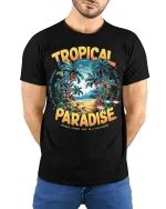 Tropical Paradise Tee - Beach Vacation T-Shirt - model wearing black shirt, hands behind back