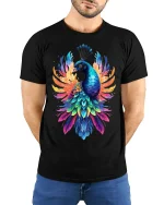 Rainbow Peacock Tee - Vibrant Bird T-Shirt - model wearing black shirt, hands behind back