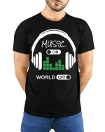 Music On World Off Tee - Headphone T-Shirt - model wearing black shirt, hands behind back