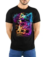 Tropical Dog Tee - Neon Sunset T-Shirt - model wearing black shirt, hands behind back