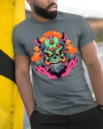 Cyber Demon Tee - Futuristic Skull T-Shirt - model in grey shirt leaning against column