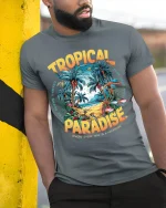 Tropical Paradise Tee - Beach Vacation T-Shirt - model in grey shirt leaning against column
