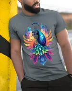 Rainbow Peacock Tee - Vibrant Bird T-Shirt - model in grey shirt leaning against column
