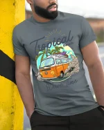 Tropical Wave Time Tee - Surf Van T-Shirt - model in grey shirt leaning against column