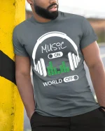 Music On World Off Tee - Headphone T-Shirt - model in grey shirt leaning against column