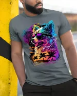 Tropical Dog Tee - Neon Sunset T-Shirt - model in grey shirt leaning against column
