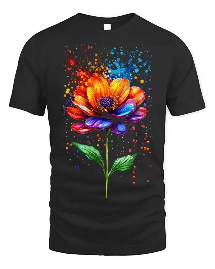 Vibrant Watercolor Flower T-Shirt - Artistic Floral Tee - black t-shirt on white background