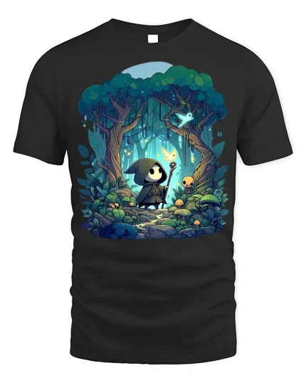 Whimsical Forest Spirit T-Shirt - Mystical Woodland Tee - black t-shirt on white background