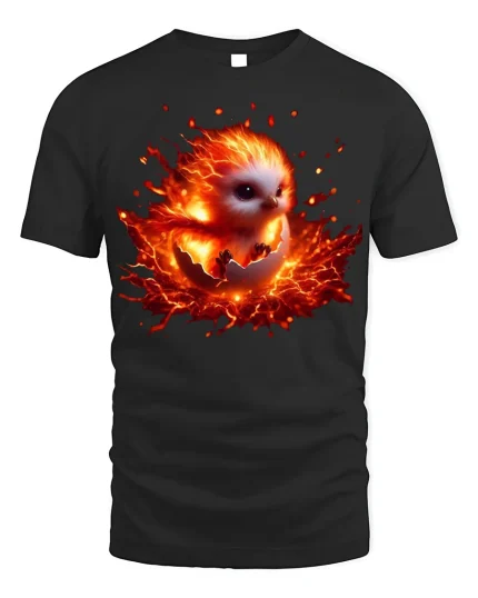 Fiery Phoenix Chick Hatching Graphic T-Shirt - black t-shirt on white background