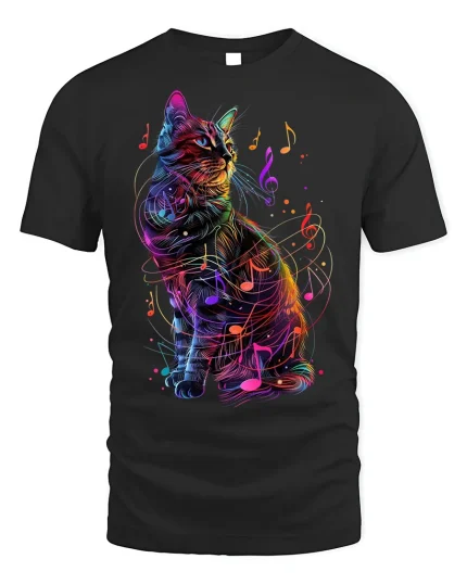 Musical Cat T-Shirt - Neon Music Lover Tee - black t-shirt on white background