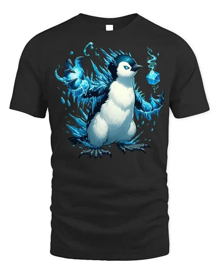 Ice Mage Penguin T-Shirt - Arctic Magic Tee - black t-shirt on white background