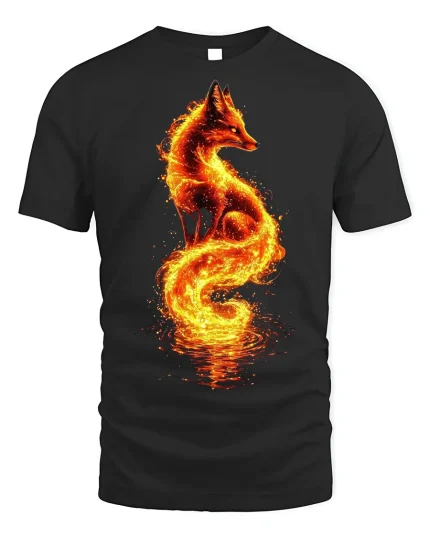 Fiery Fox T-Shirt - Ethereal Fire Spirit Tee - black t-shirt on white background
