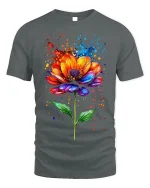 Vibrant Watercolor Flower T-Shirt - Artistic Floral Tee - gray t-shirt on white background