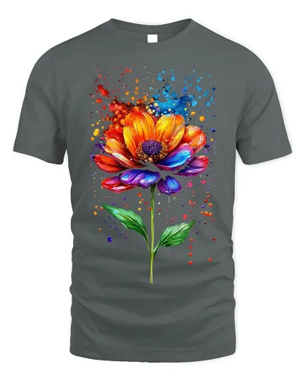 Vibrant Watercolor Flower T-Shirt - Artistic Floral Tee - gray t-shirt on white background