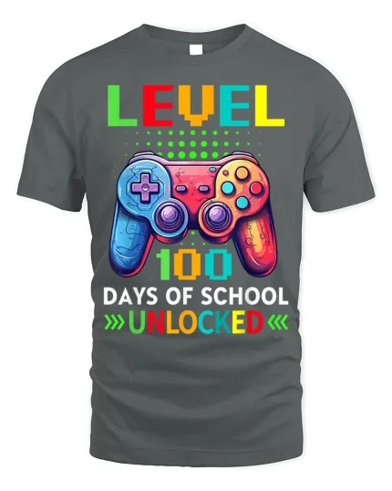 Level 100 Days of School Unlocked T-Shirt - gray t-shirt on white background
