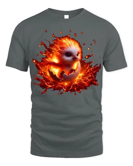 Fiery Phoenix Chick Hatching Graphic T-Shirt - gray t-shirt on white background