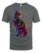 Musical Cat T-Shirt - Neon Music Lover Tee - gray t-shirt on white background