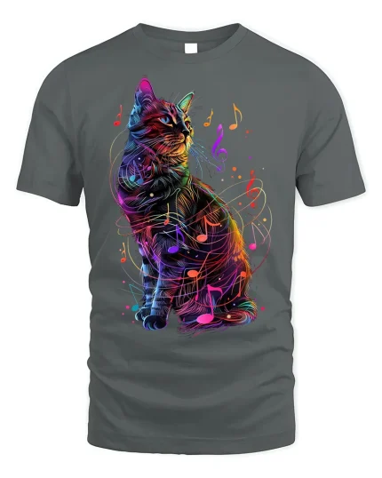 Musical Cat T-Shirt - Neon Music Lover Tee - gray t-shirt on white background