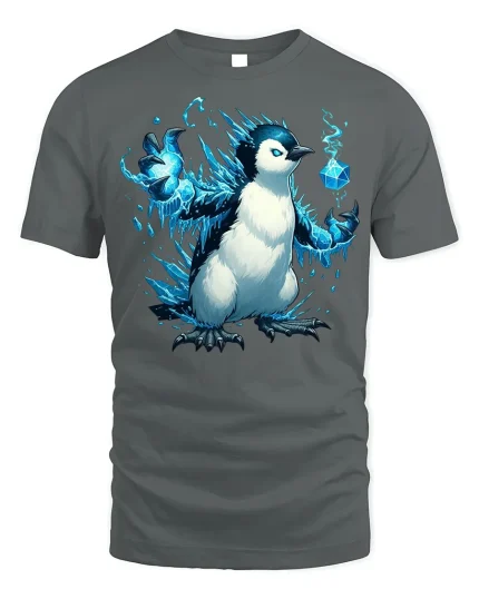 Ice Mage Penguin T-Shirt - Arctic Magic Tee - gray t-shirt on white background