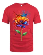 Vibrant Watercolor Flower T-Shirt - Artistic Floral Tee - red t-shirt on white background