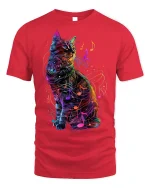 Musical Cat T-Shirt - Neon Music Lover Tee - red t-shirt on white background