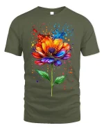 Vibrant Watercolor Flower T-Shirt - Artistic Floral Tee - military green t-shirt on white background