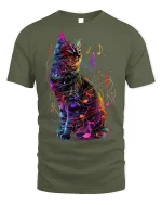 Musical Cat T-Shirt - Neon Music Lover Tee - military green t-shirt on white background