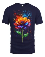 Vibrant Watercolor Flower T-Shirt - Artistic Floral Tee - navy t-shirt on white background