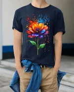 Vibrant Watercolor Flower T-Shirt - Artistic Floral Tee - model wearing Navy T-shirt, hands in pockets, denim shirt at waist
