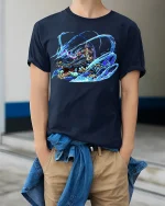 Aqua Dragon Rider T-Shirt - Fantasy Beast Tee - model wearing Navy T-shirt, hands in pockets, denim shirt at waist