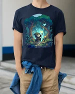 Whimsical Forest Spirit T-Shirt - Mystical Woodland Tee - model wearing Navy T-shirt, hands in pockets, denim shirt at waist