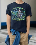 Mystic Elementalist T-Shirt - Anime Magic User Tee - model wearing Navy T-shirt, hands in pockets, denim shirt at waist