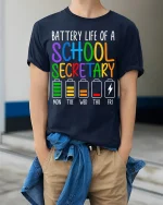 Battery Life of a School Secretary T-Shirt - model wearing Navy T-shirt, hands in pockets, denim shirt at waist