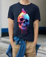 Colorful Dripping Skull T-Shirt - Psychedelic Skull Tee - model wearing Navy T-shirt, hands in pockets, denim shirt at waist